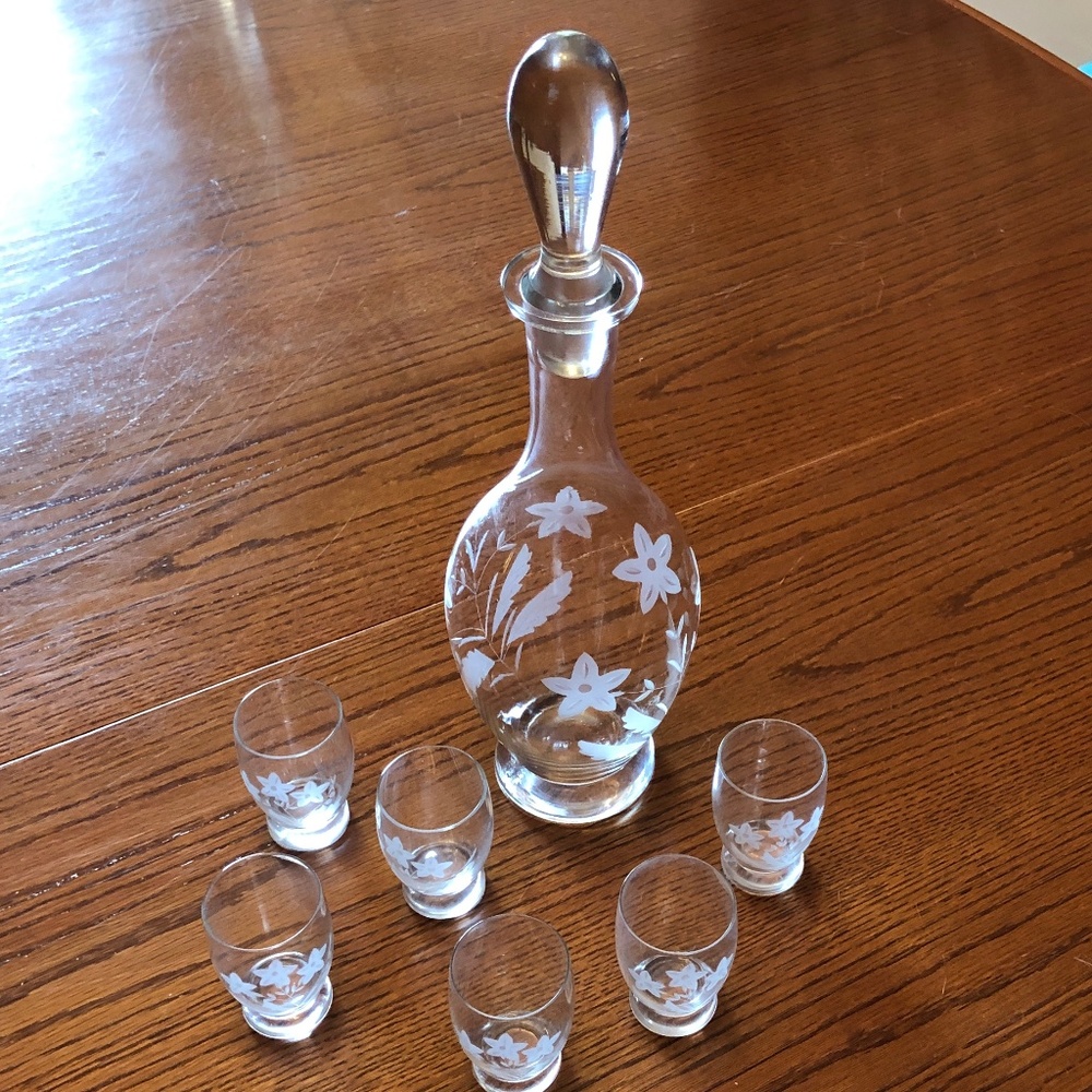 Vintage Clear Glass Etched Decanter and Six Shot Glasses